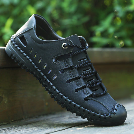 Leather Sandals Men's New Casual Non Slip Soft Sole Lightweight Hollow Shoes